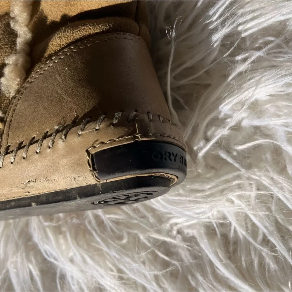Tory Burch Camel Leather Suede Shearling Tall Reva Moccasin Boots